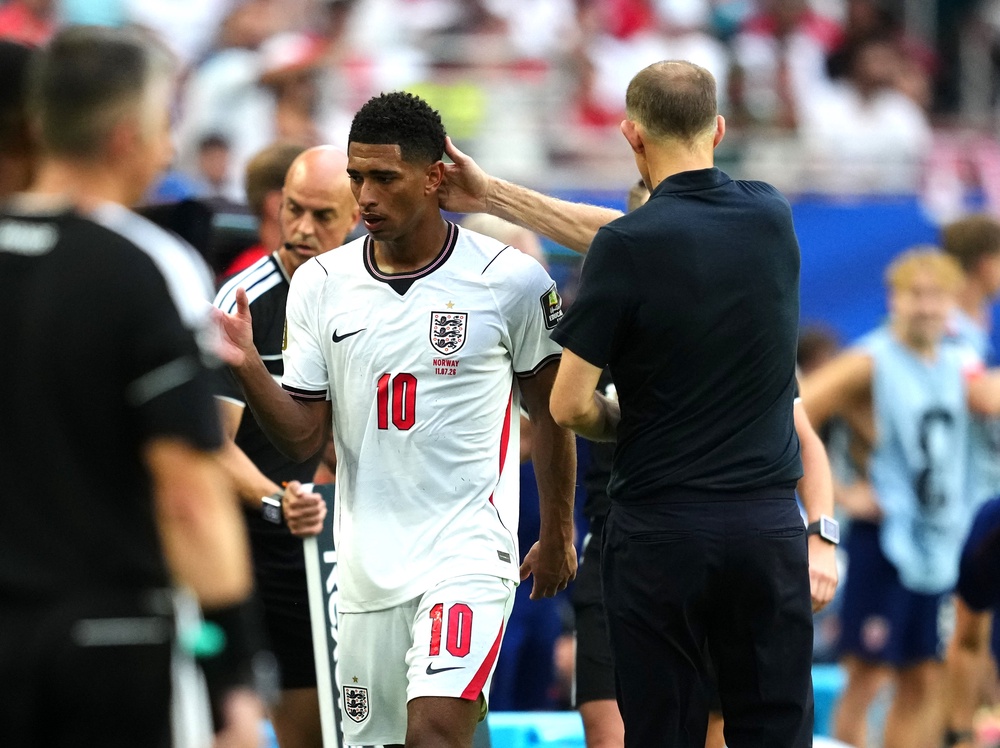Bellingham is greeted by Tuchel after being substituted against Norway (Martin Rickett/PA)