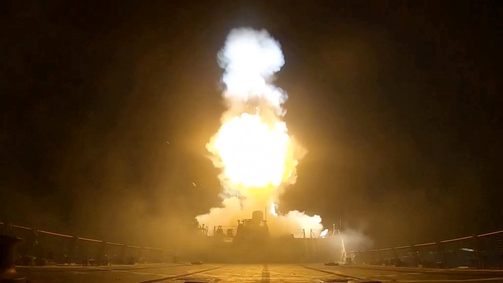 A projectile is fired during what Centcom says is a third round of strikes this week against Iran (Reuters)