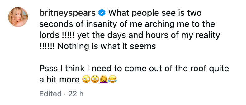 Britney Spears told fans on Instagram that ‘nothing is what it seems’ in response to photos of her riding on a LA freeway (Instagram via @britneyspears)