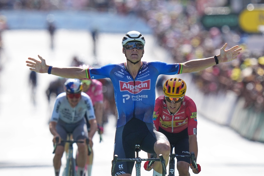 Netherland’s Mathieu van der Poel won Sunday’s stage nine at the Tour de France (Thibault Camus/AP) (AP)