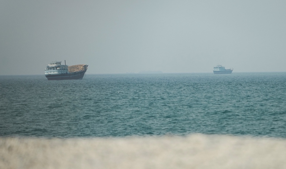 Vessels at the Strait of Hormuz, as seen from Musandam,Oman, on Monday (Reuters)