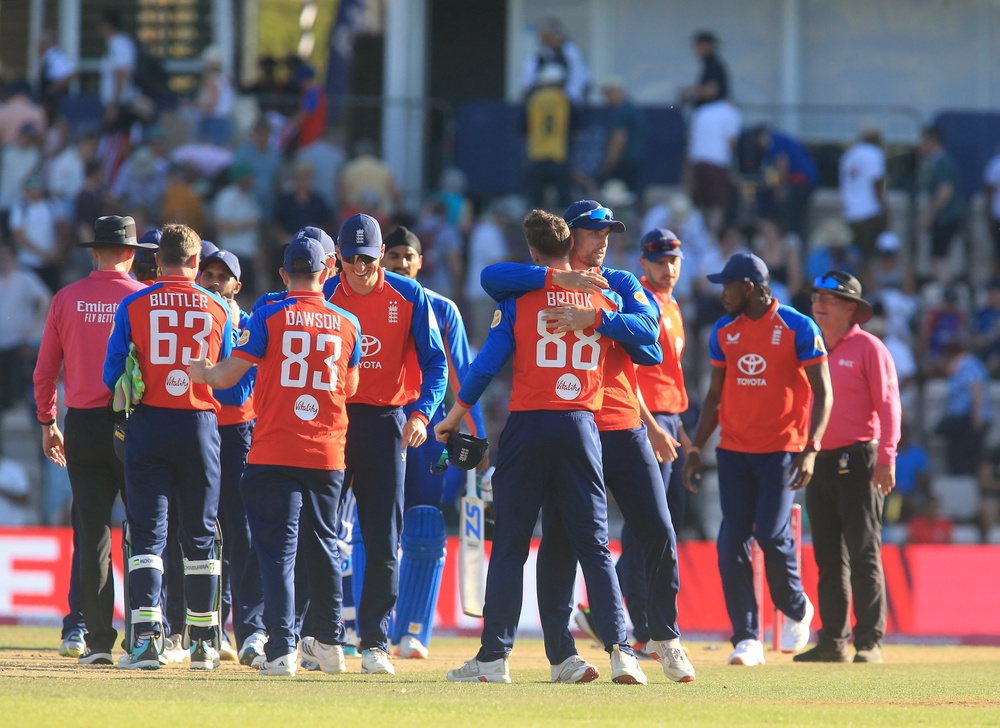 England players celebrate after clinching a 4-0 T20 series win against India in Southampton on Saturday (Peter Tarry/PA) (PA Wire)