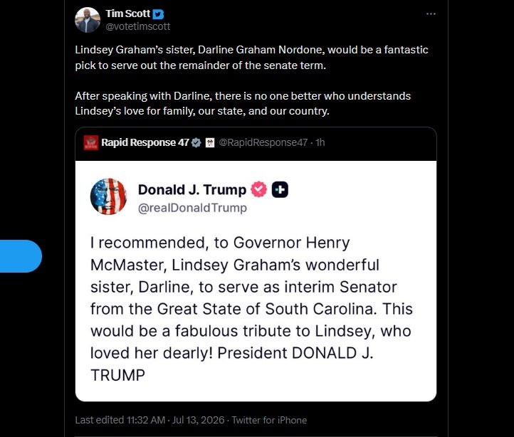 Tim Scott endorsed Trump's call to appoint Graham's sister to fill his seat in the Senate for the remainder of 2026 (X - Tim Scott)