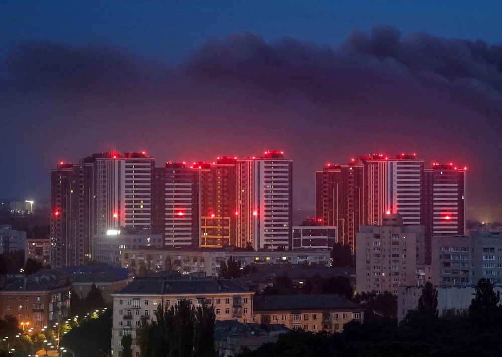 File: Smoke rises in the city during a Russian missile strike in Kyiv (Reuters)
