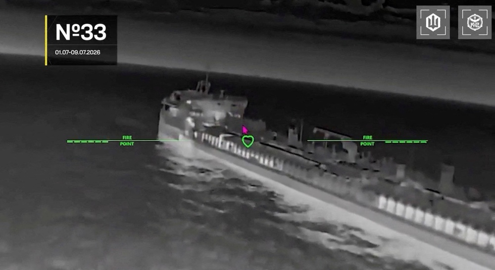 Ukrainian UAVs' hit, what the Ukranian military say, was a Russian tanker during a strike at a location given as sea of Azov in this screengrab taken from a handout video (Reuters)