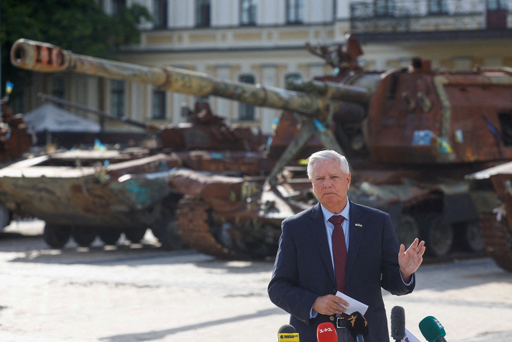 A picture taken on July 10, 2026 shows U.S. Senator Lindsey Graham (R-SC) speaking to the media after his meeting with Ukraine's President Volodymyr Zelensky (Reuters)