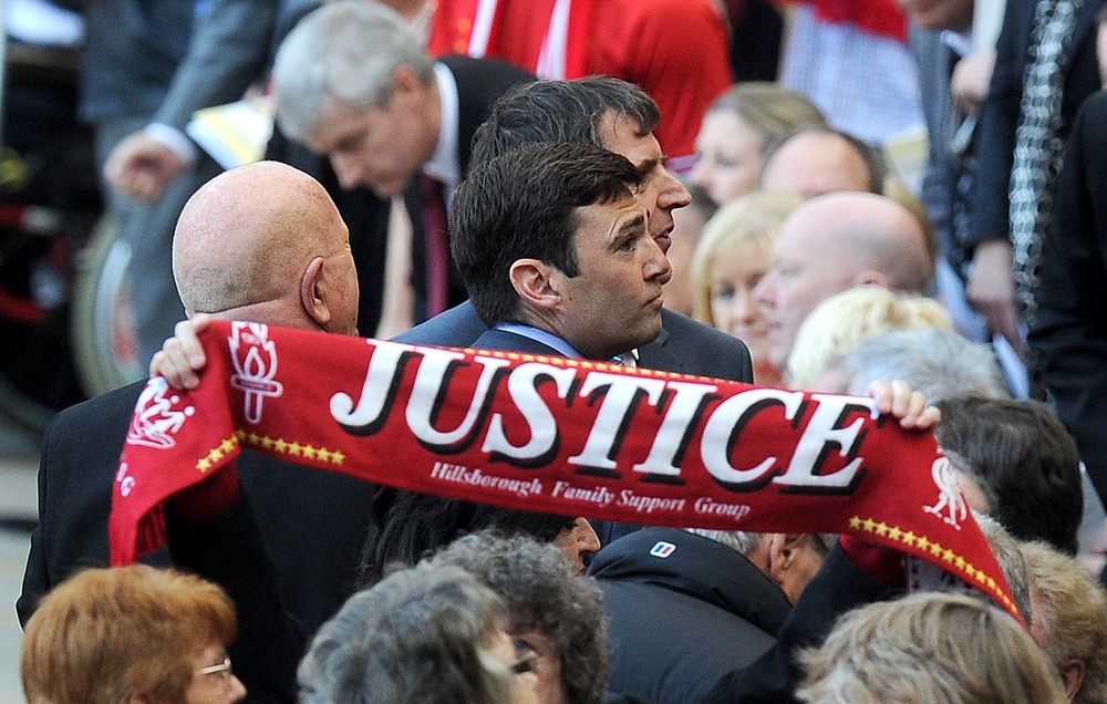 Andy Burnham during the Hillsborough 25th Anniversary Memorial Service at Anfield in 2014 (Martin Rickett/PA) (PA Archive)
