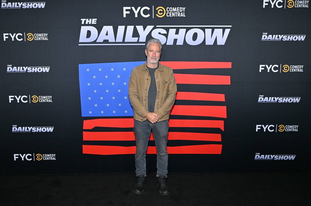 ‘You know, my favorite part of any eulogy is when they announce the person’s life score,’ Jon Stewart joked about Trump’s tribute to Lindsey Graham (Getty)