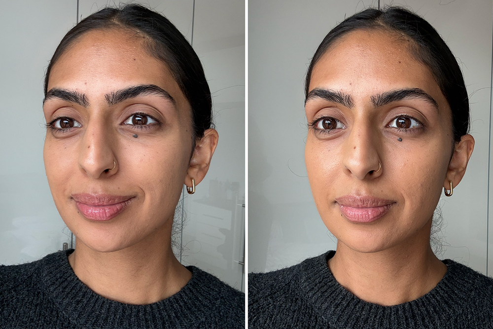 After application (left) and at the end of the day (right) (Sabrina Sahota/The Independent)