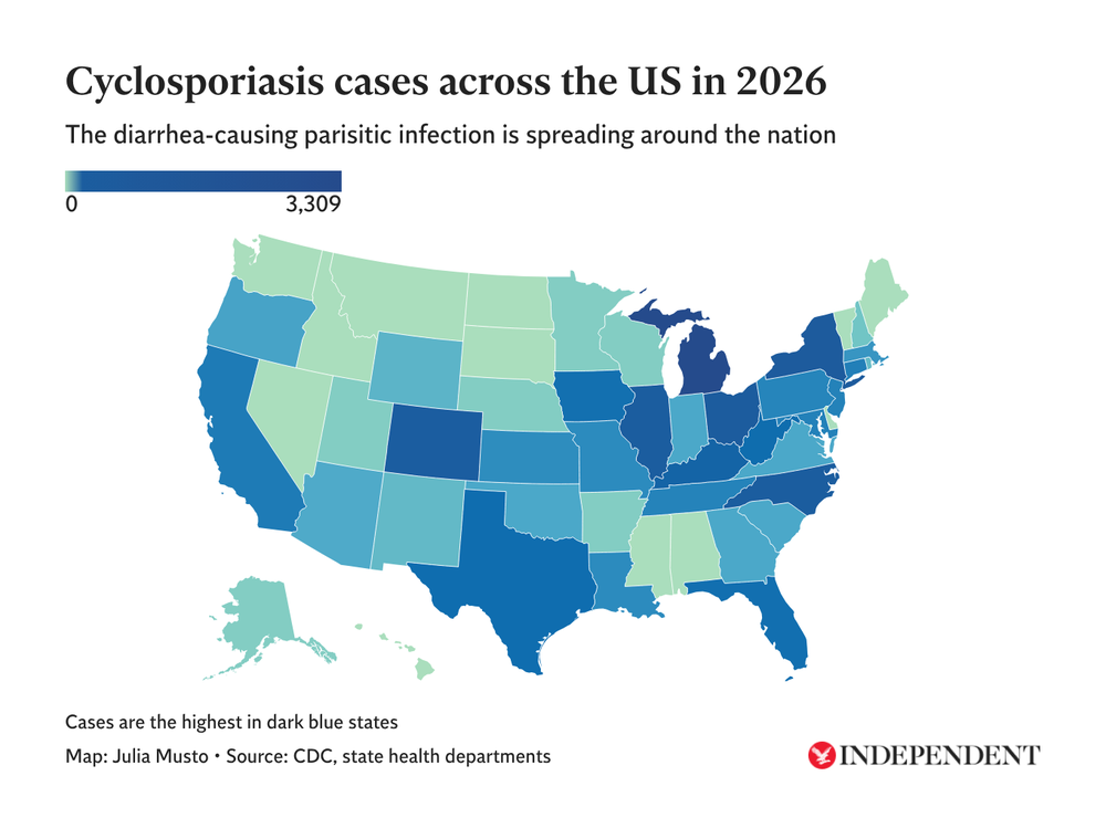 A map of cyclosporiasis cases across the U.S. (The Independent/Datawrapper)
