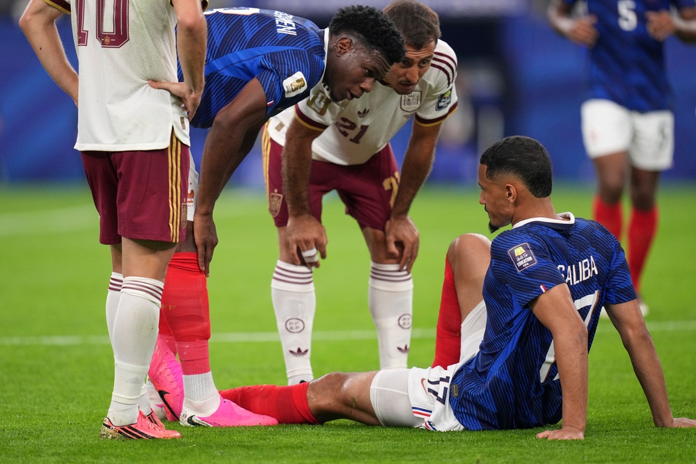 William Saliba suffered a suspected muscular injury against Spain (AP)