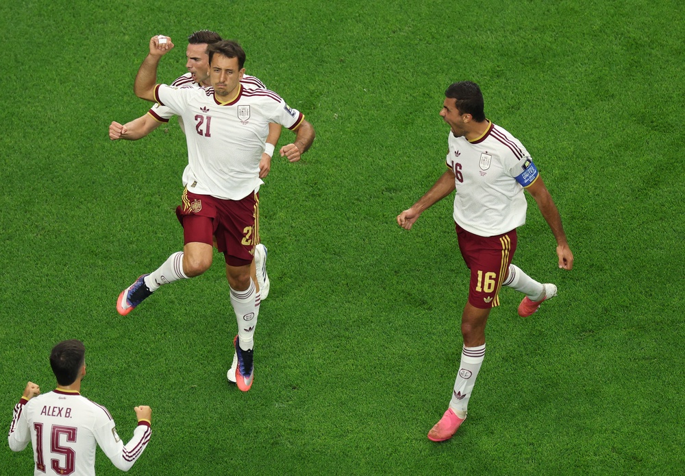 Mikel Oyarzabal of Spain celebrates with teammates after converting a penalty (Getty)