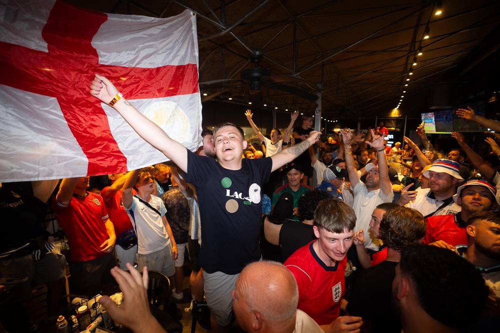 England fans at a bar in Downtown Atlanta, Georgia, ahead of England's semi-final match against Argentina on Wednesday (PA)