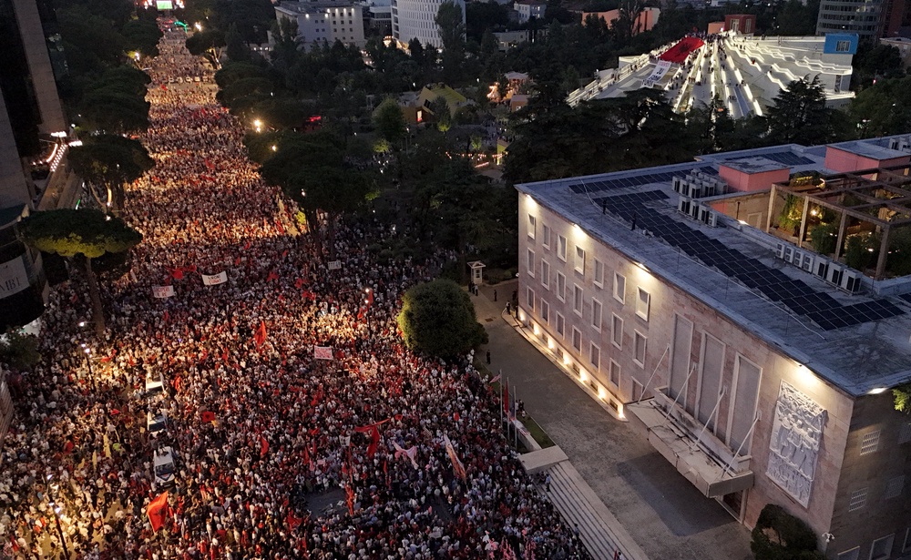 Protesters demonstrate in front of the Albanian prime minister's office against the construction of a luxury resort (AFP/Getty)