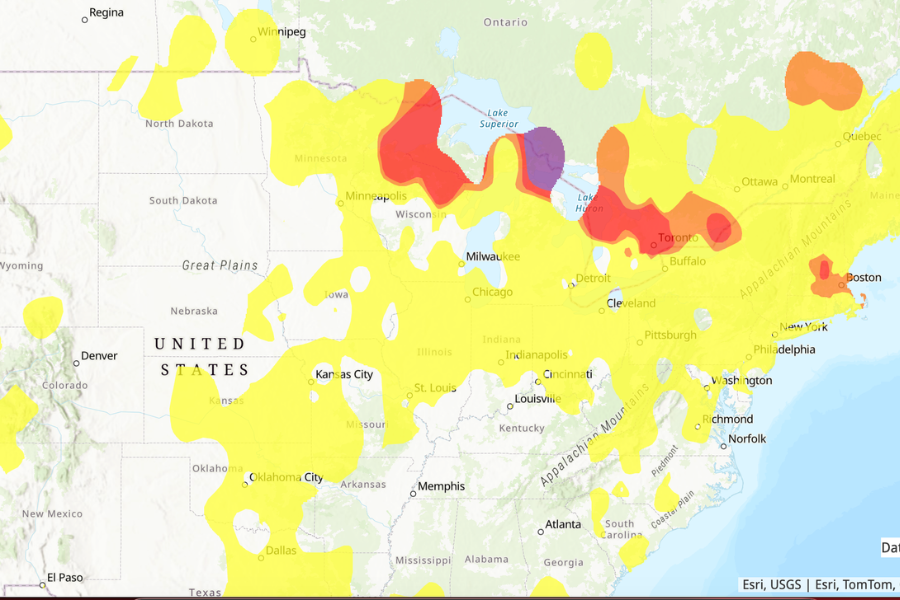 The forecast map shows wildfire smoke from Canada spreading across the U.S. and southern Canada Wednesday morning, with the heaviest concentrations expected around the Great Lakes and Northeast (EPA AirNow)