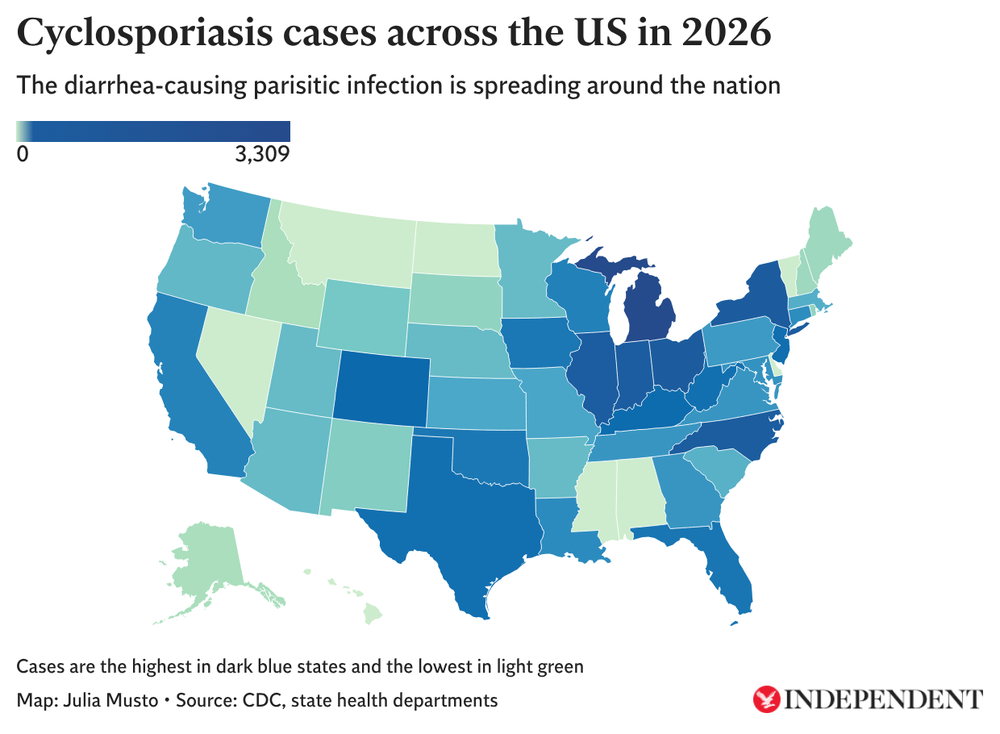 A map shows cyclosporiasis cases tracked by state health officials across the US. Infections can lead to a nasty stomach bug that lasts for weeks (CDC)
