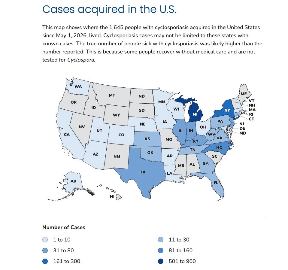 This map shows cyclosporiasis cases that have been confirmed by the Centers for Disease Control and Prevention. The agency’s data is lagging behind state counts (CDC)