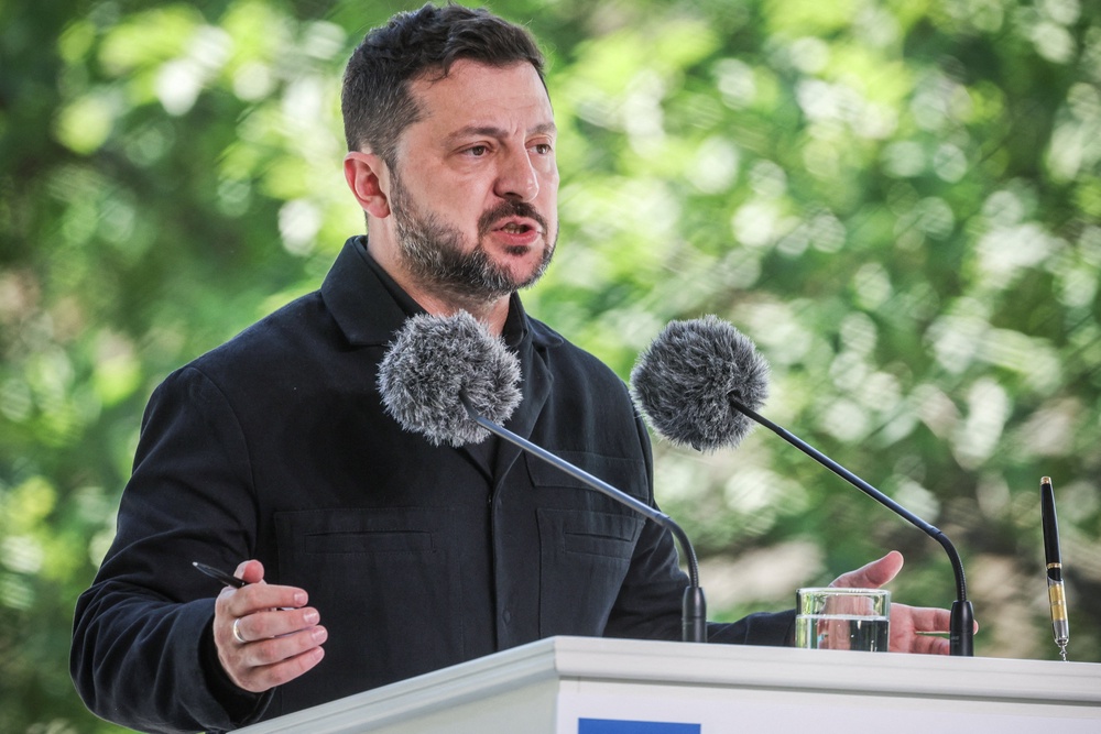 Zelensky speaks to reporters in Kyiv on Wednesday (Reuters)