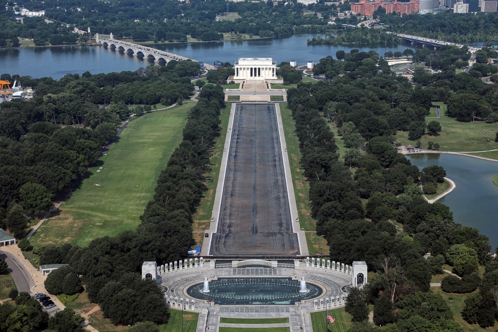 The Lincoln Memorial and the Reflecting Pool seen from the Washington Monument on July 15, 2026 (AP Photo/Rahmat Gul)