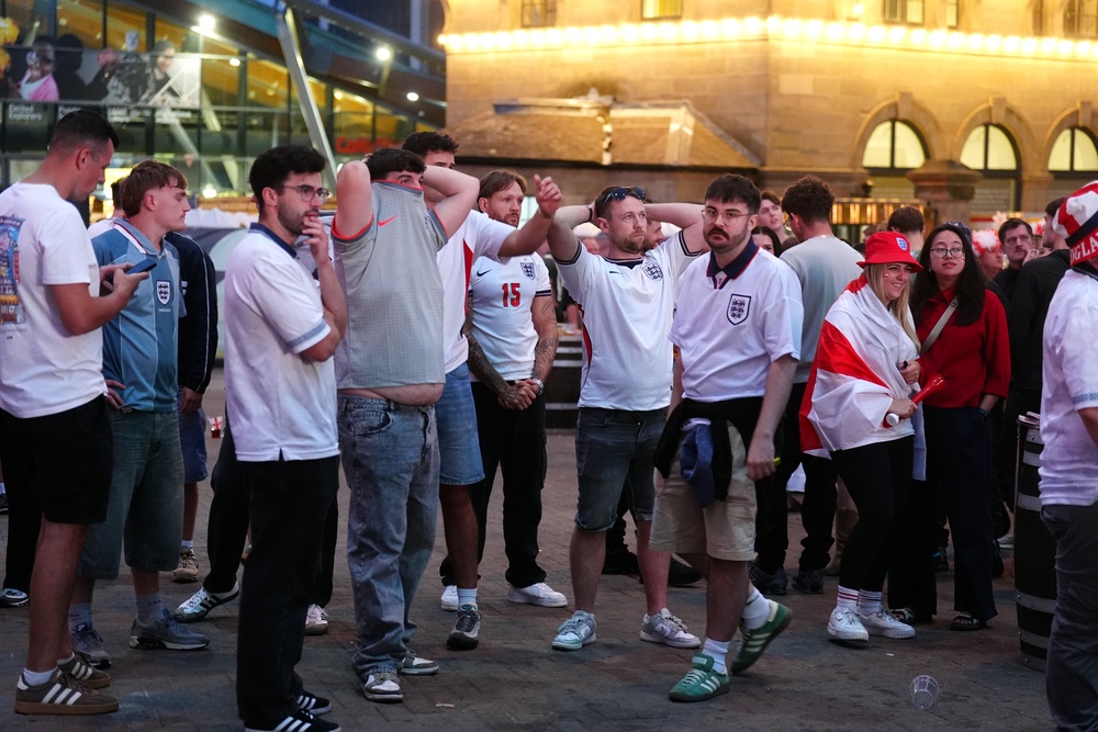 England fans look dejected following a screening of the World Cup 2026 semi-final match between England and Argentina at the World Cup Fan Zone in Times Square, Newcastle Upon Tyne (Owen Humphreys/PA) (PA Wire)