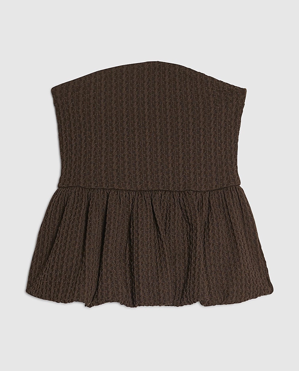 River Island Brown Cotton Blend Bandeau Texture Peplum Top, £32. (River Island/PA)