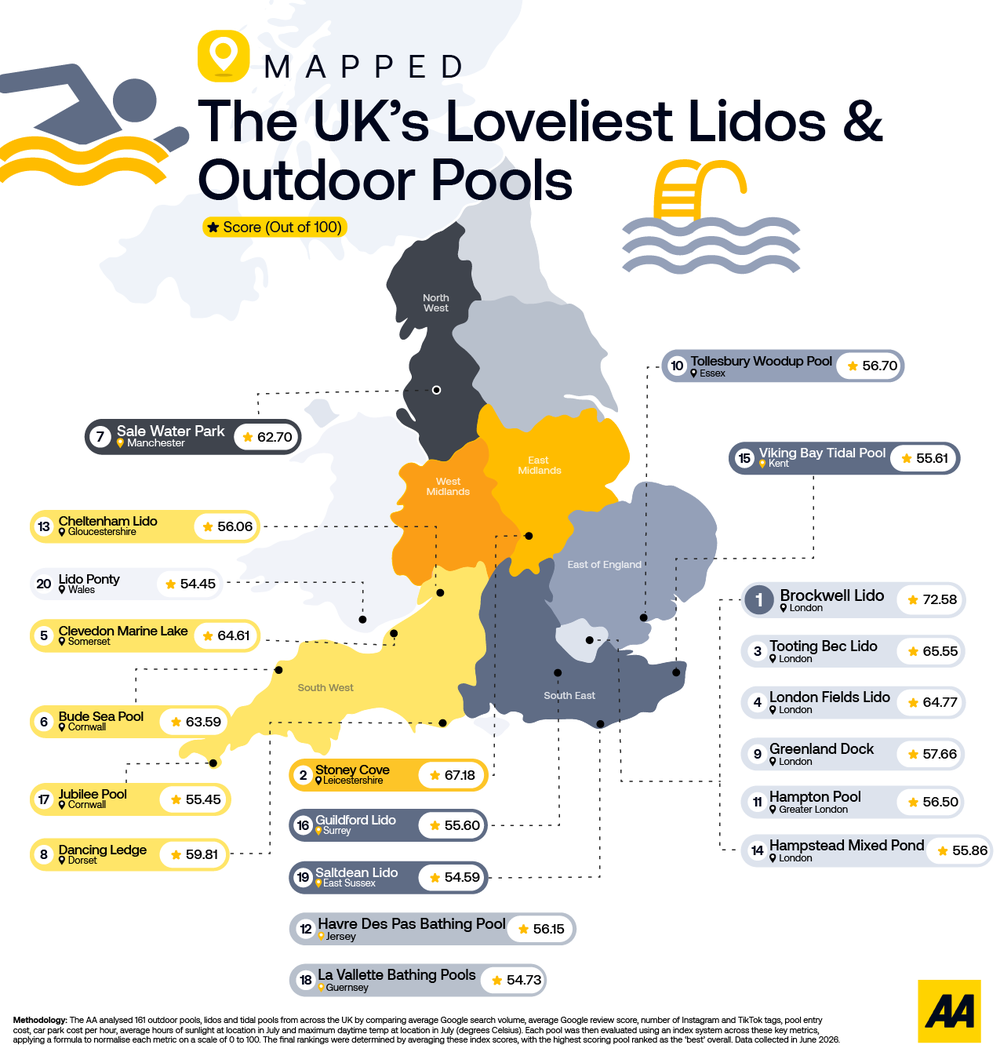 A map of the UK’s best outdoor pools (AA)