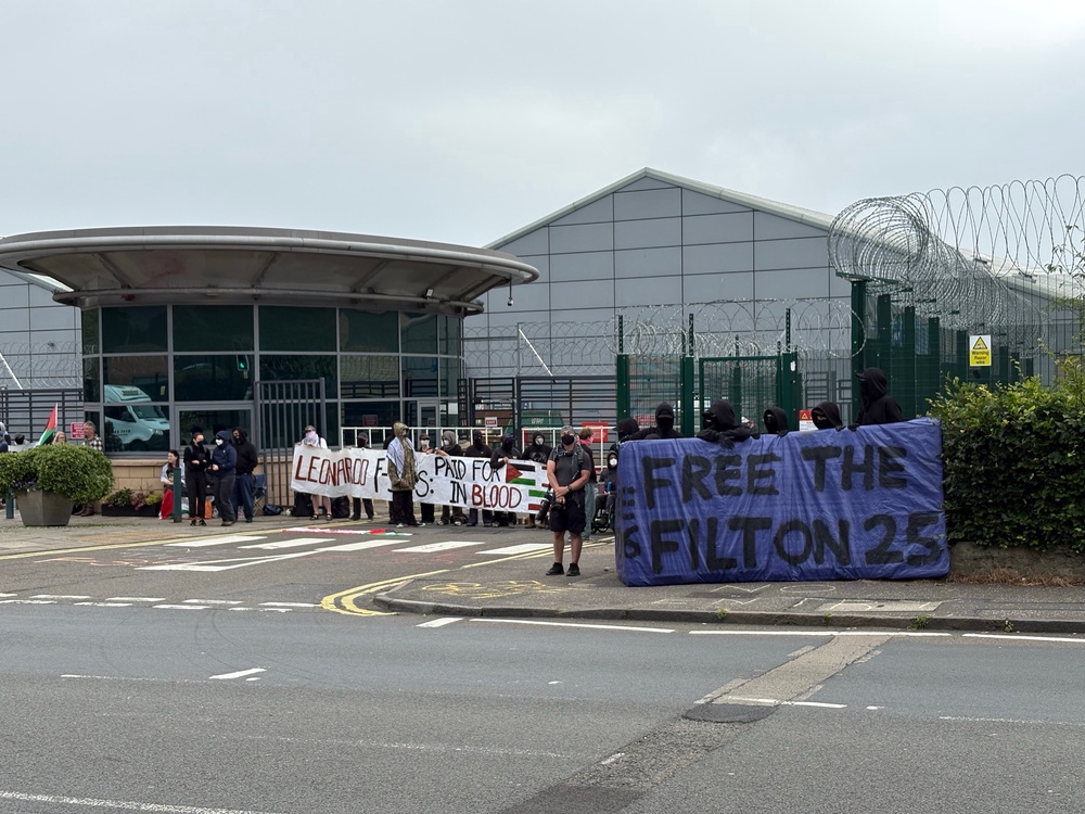 Pro-Palestinian protesters stood outside and blockaded the Leonardo facility on Crewe Road, Edinburgh on Thursday morning (PA)