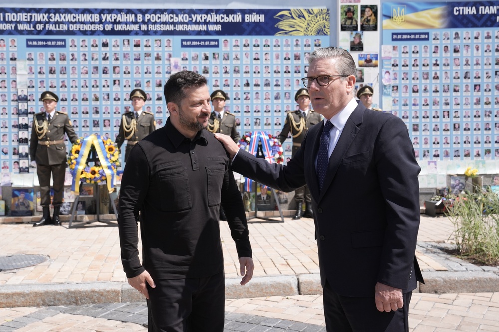 Prime Minister Sir Keir Starmer and Ukrainian President Volodymyr Zelensky at the Wall of Remembrance (Stefan Rousseau/PA) (PA Wire)