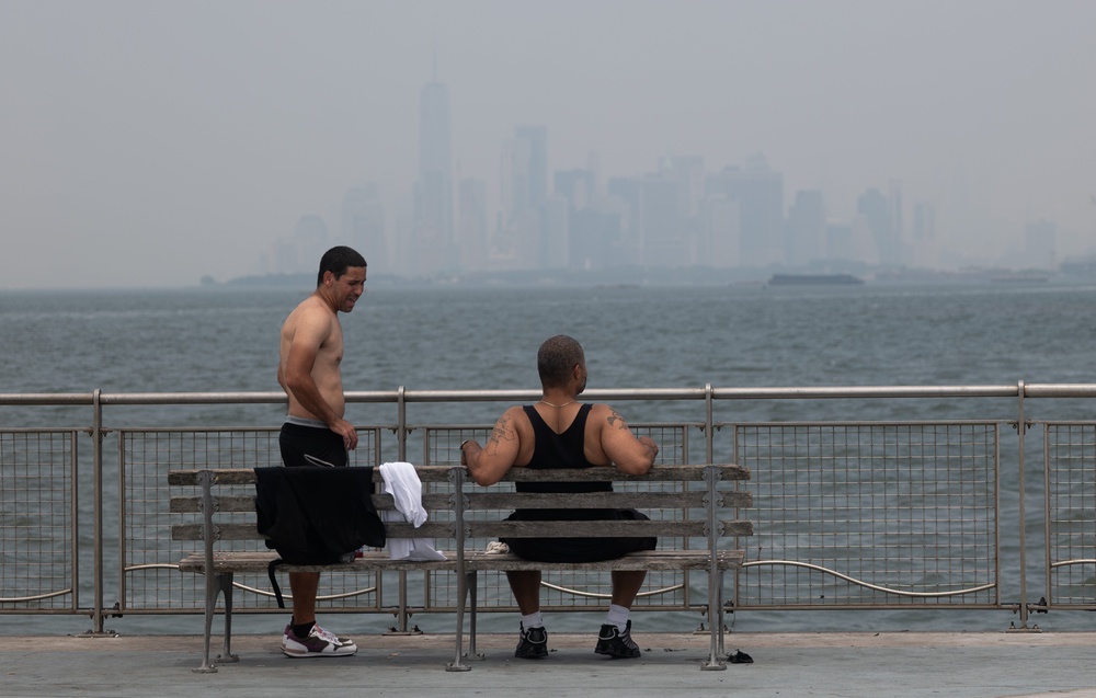 Haze from Canadian wildfires blankets the Manhattan skyline on Wednesday in New York City. Wildfire smoke brings dangerous particle pollution that can harm the lungs (Getty Images)