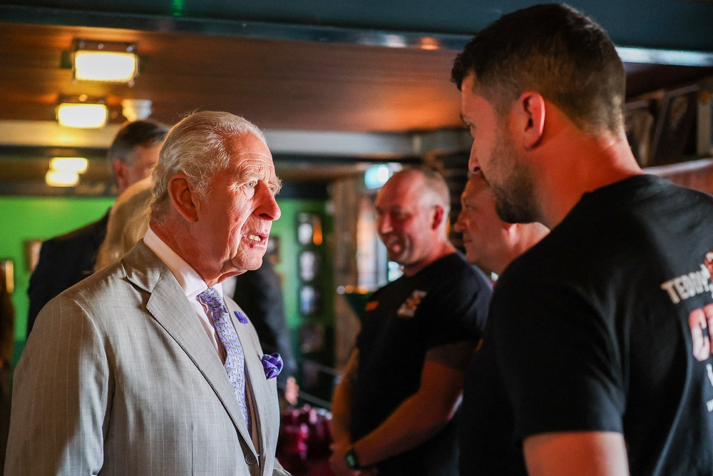 The King chats to staff during a visit to the Hall and Woodhouse Badger Brewery in Blandford St Mary, Dorset (Isabel Infantes/PA) (PA Wire)