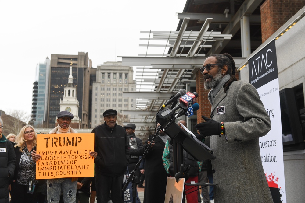 Michael Coard, founder of the Avenging the Ancestors Coalition, protesting the Trump administration’s actions earlier this year (Getty)