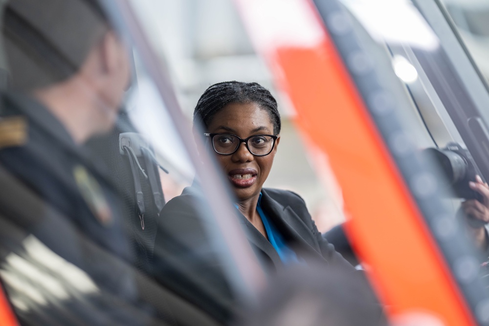 Kemi Badenoch during a visit to NHV Helicopters in Dyce, Aberdeenshire (PA)