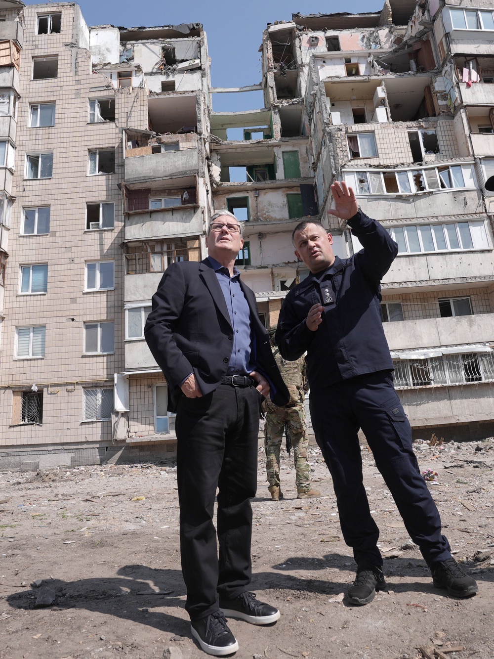 Sir Keir Starmer views a district on the edge of Kyiv where a building was hit by a Russian missile on July 6 (Stefan Rousseau/PA) (PA Wire)