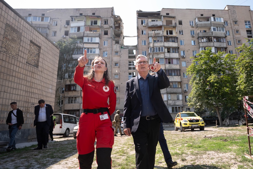 Prime Minister Sir Keir Starmer meets emergency workers in the Podilskyi area of Kyiv (Stefan Rousseau/PA) (PA Wire)