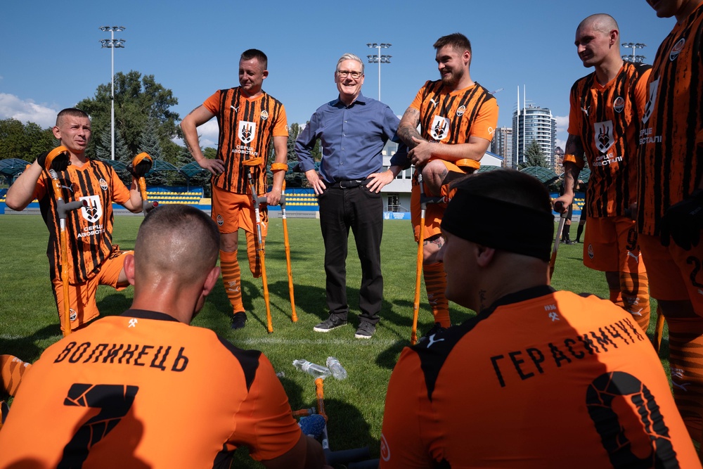 Prime Minister Sir Keir Starmer meets members of a war veteran’s amputee football team who play in a Kyiv football league against other amputee teams (Stefan Rousseau/PA) (PA Wire)