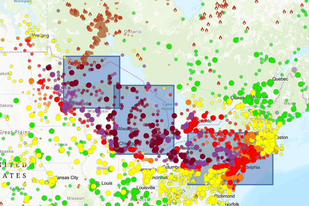 An AirNow Fire and Smoke map using NOAA and USGS data shows the regions of the U.S. and Canada most affected by the smoke produced by Canadian wildfires on Thursday, July 16. Areas marked in dark red are where the air quality is the most affected (AirNow.gov)