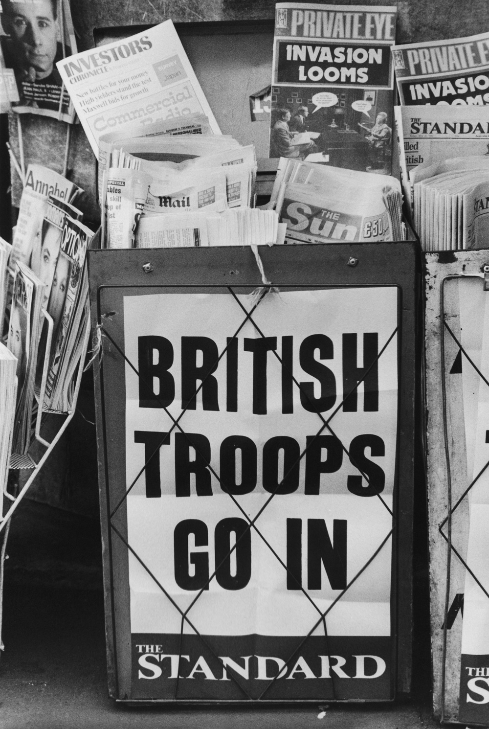 An Evening Standard headline on a London newspaper stand during the Falklands War reads: 'British Troops Go In', May 1982. (Photo by Central Press/Hulton Archive/Getty Images) (Getty)