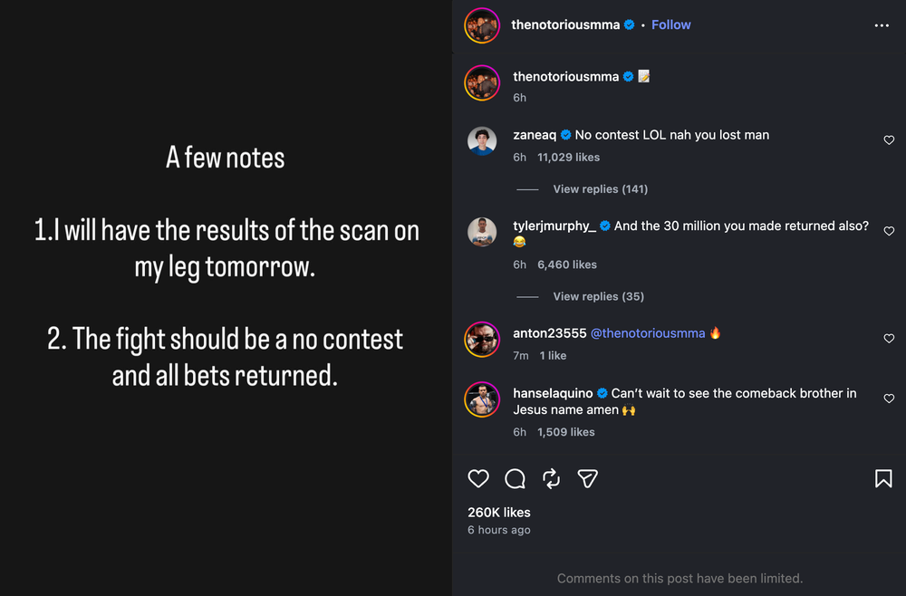 McGregor addresses his UFC 329 return on social media (Instagram/@NotoriousMMA)