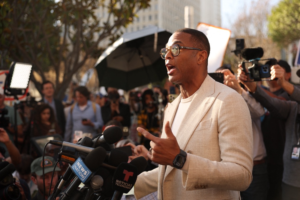 Don Lemon speaking to the media after being charged by Lemon with civil rights crimes over coverage of immigration protests in Minneapolis, on January 30. (AFP/Getty)