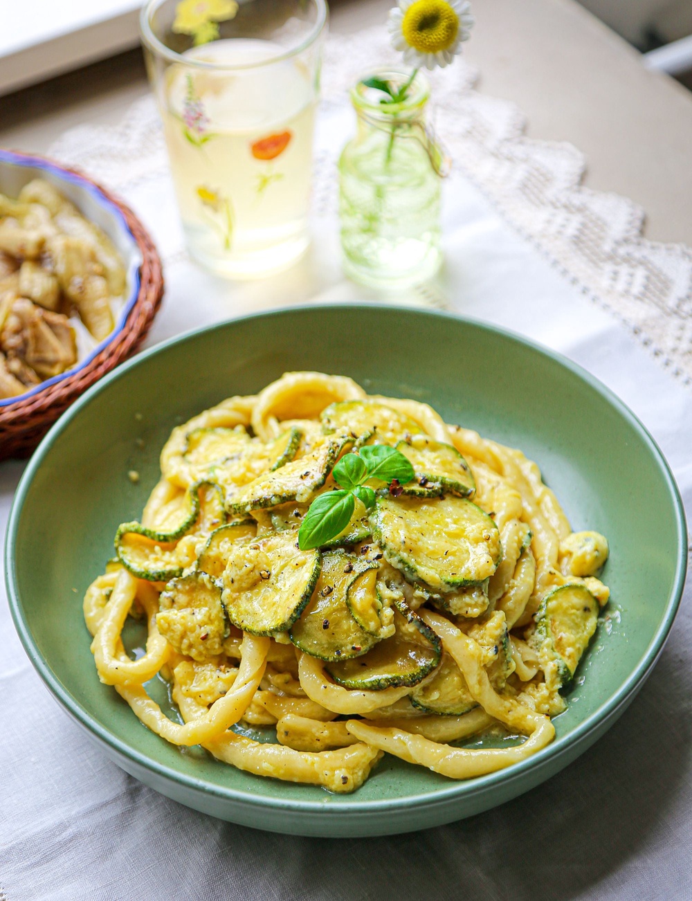 A childhood courgette carbonara reworked with hand-shaped busiate (Isabella Barbato)