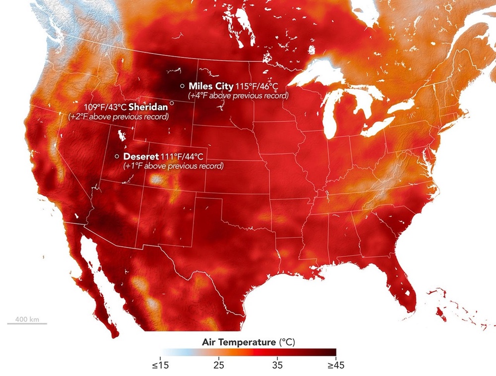 A heat dome caused soaring temperatures in the U.S. this month, breaking records in Montana, Wyoming and Utah. The darkest areas on the map show the areas with the highest temperatures, whereas gray, yellow and orange shading shows areas least affected (NASA Earth)