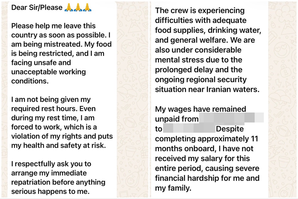 A message from a sailor who has not been paid for 11 months (International Transport Workers' Federation)