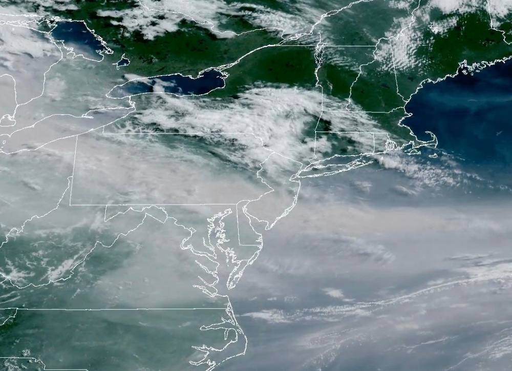 A satellite image shows Canadian wildfire smoke lingering across the eastern U.S. Friday. The smoke impacts are forecast through Saturday (NWS New York)