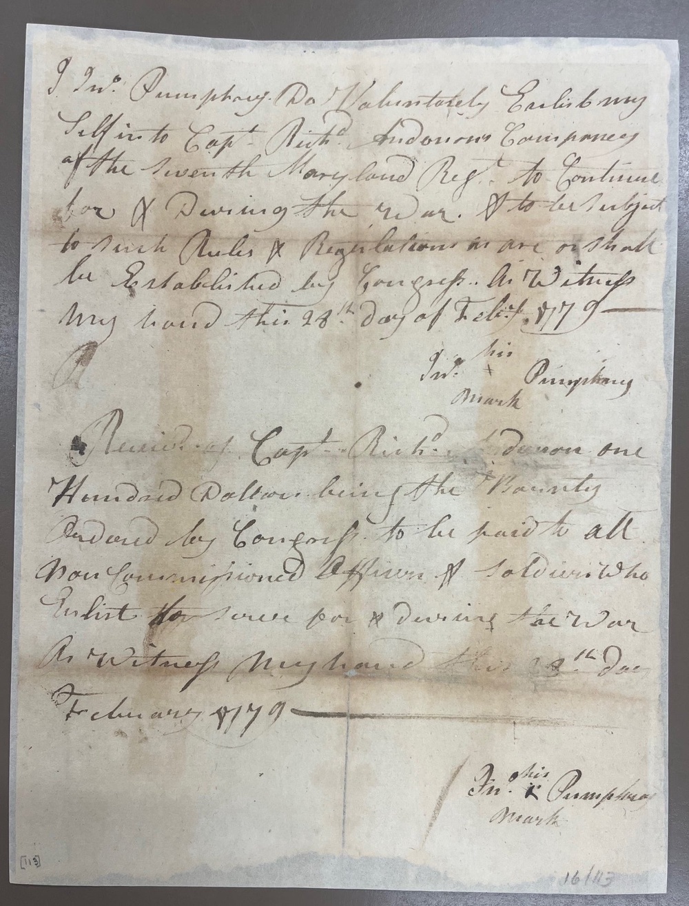 A copy of Pvt. John Pumphrey's re-enlistment contract with the 7th Maryland Regiment, dated Feb. 28, 1779 (Maryland State Archives via AP)
