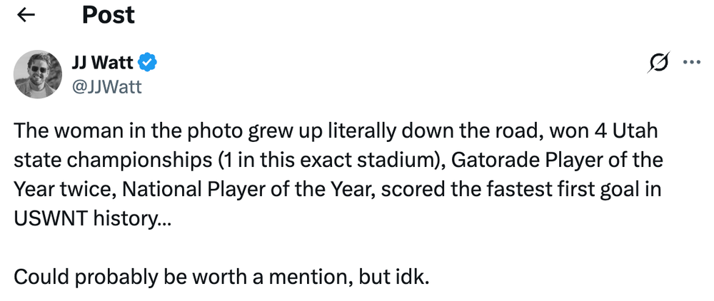 JJ Watt called out an MLS team for snubbing his soccer star life (X via @JJWatt)