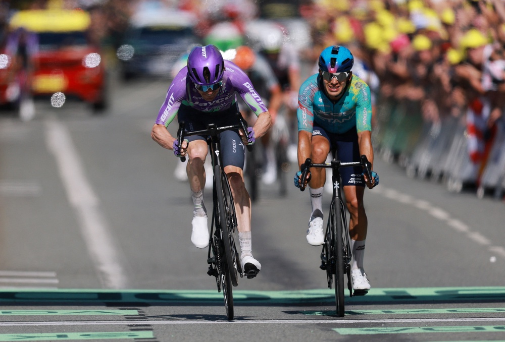 Schmid outsprinted Tejada with Pidcock two seconds further back (Reuters)