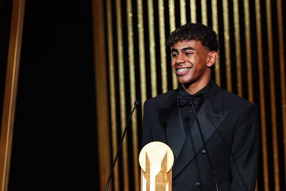 A 16-year-old Yamal winning the best young player award at the 2024 Ballon d’Or (AFP/Getty)