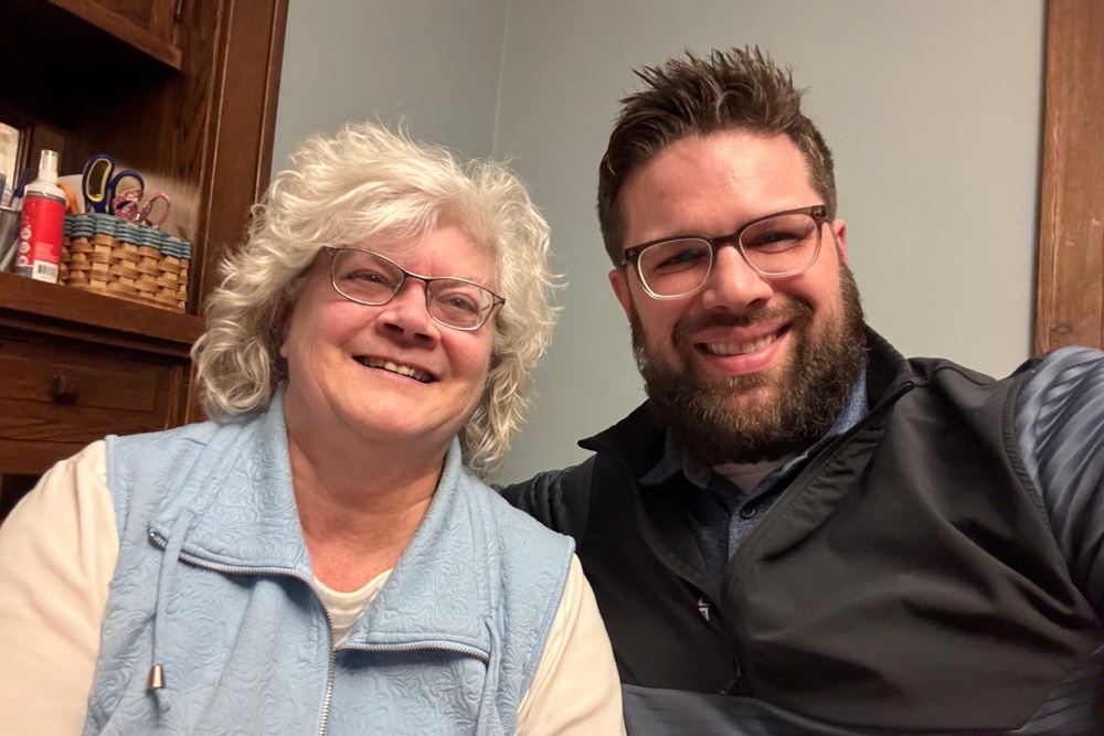 This photo provided by Kyle Bylin shows him with his biological mother, Liz O'Toole (Kyle Bylin via AP)