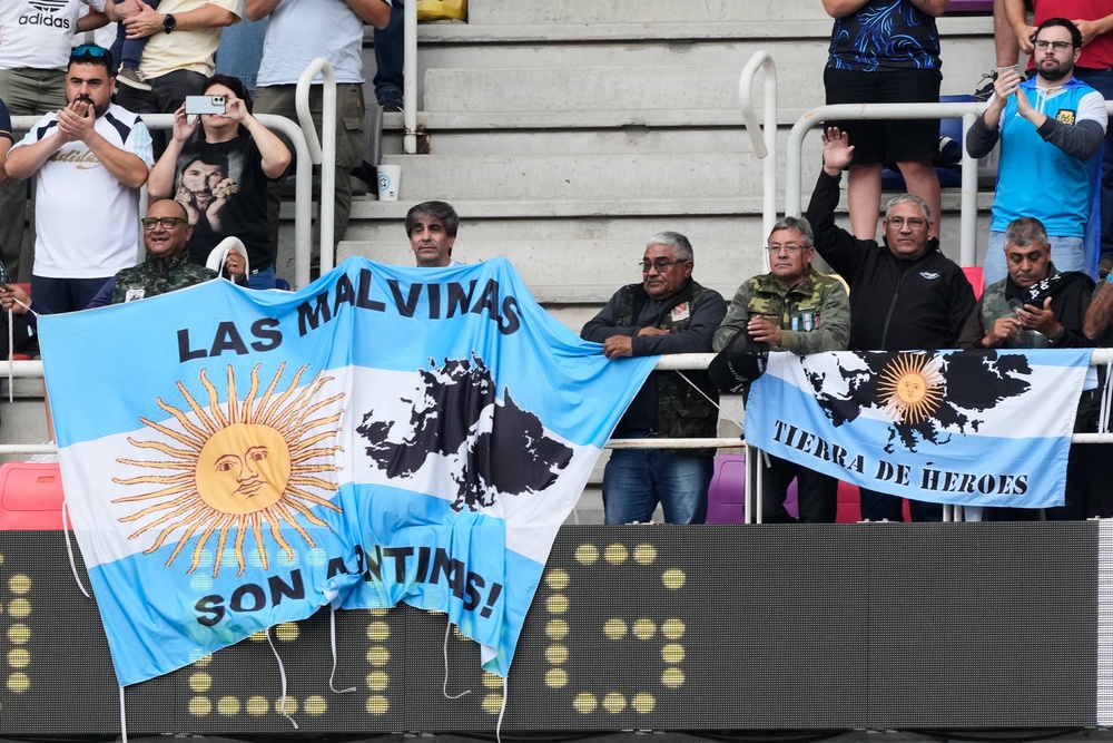 A banner referencing the Falkland Islands in Santiago del Estero (AP)