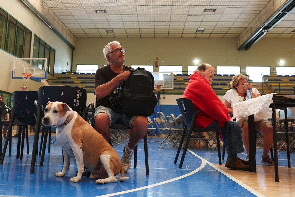 Moises, evacuated from the village of Asin, awaits with his dog Thor at a municipal sports centre turned into a temporary shelter in the town of Ejea de los Caballeros (Reuters)